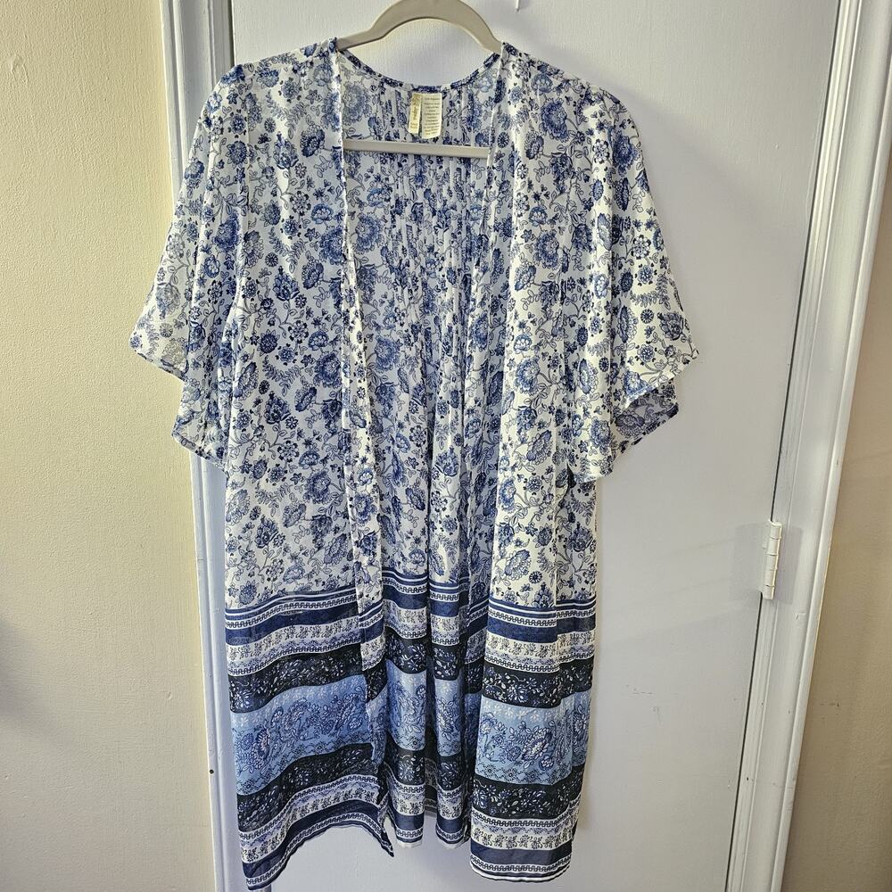 Blue Floral Lightweight Open Front Cardigan Cover Up One Size Beach Resort Vaca
